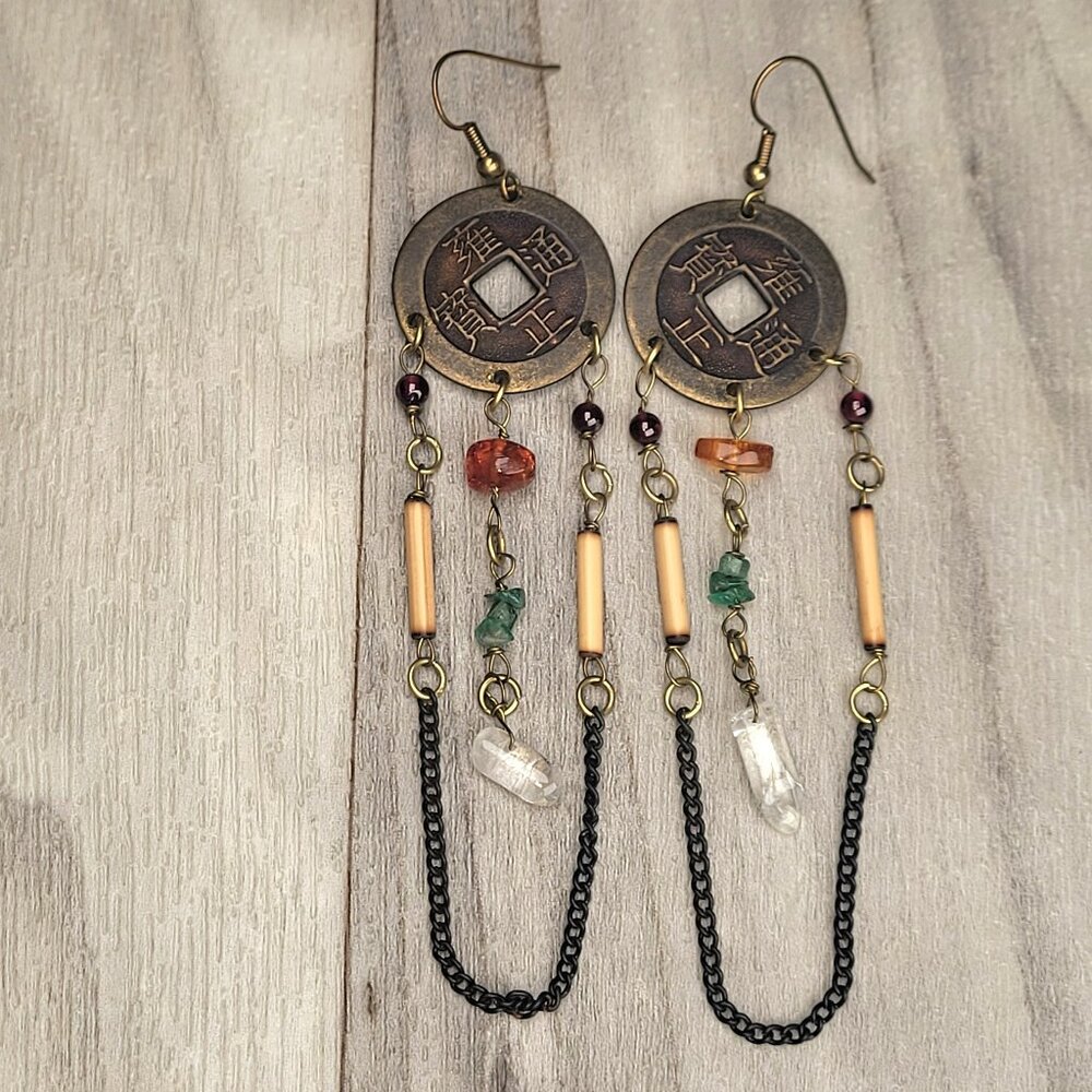 Dangling Earrings - Boho Hippie - Double Sided Chinese Coin with Stones 4"